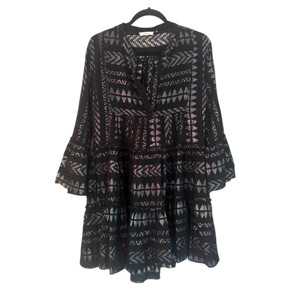 Elan Black Metallic Silver Tiered Boho Dress Bell Sleeve Tunic Medium